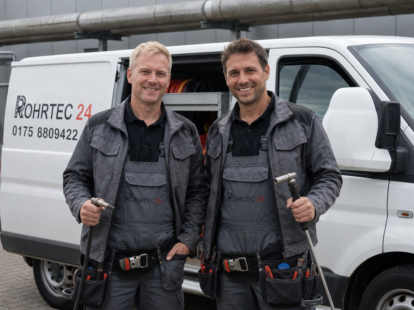 RohrTec 24 Team – zwei Techniker mit Werkzeug vor dem Einsatzfahrzeug
